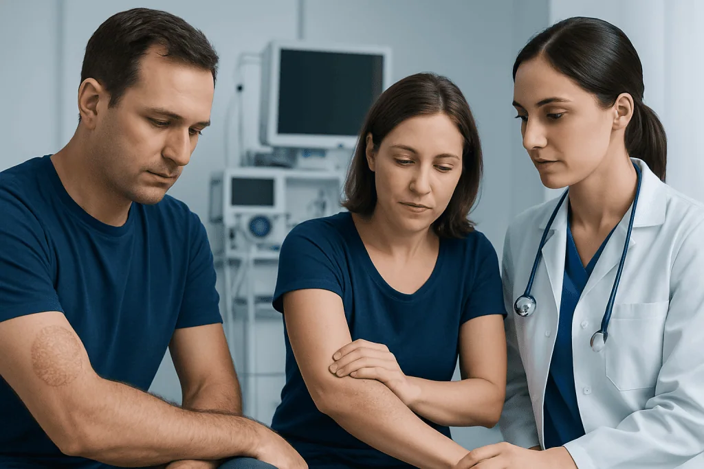 Doctor examining psoriasis skin lesion on patient's arm in clinic.