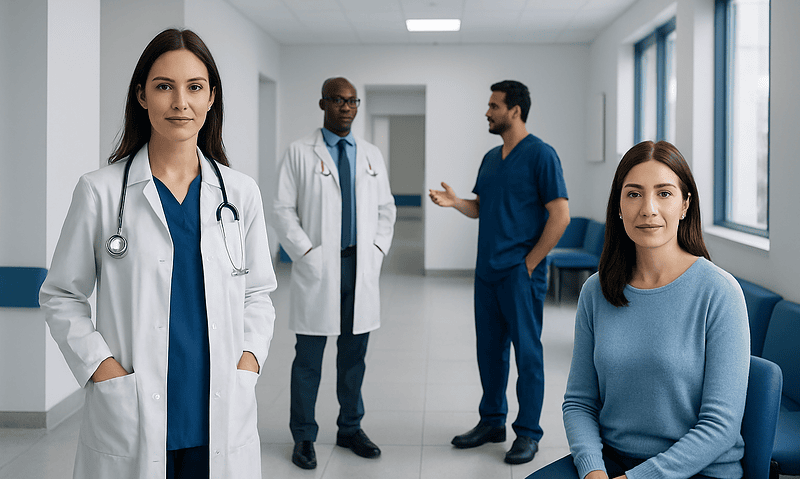 Medical team in hospital corridor with female patient and doctors.