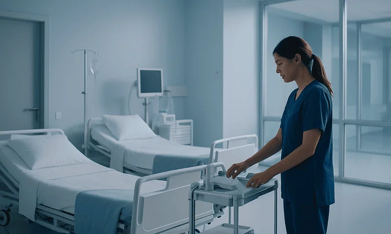 Nurse preparing hospital bed in a modern medical room.
