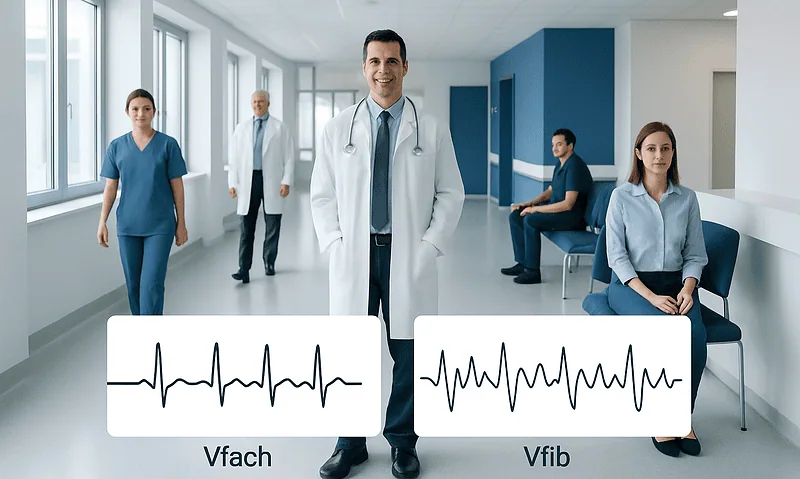 Medical professionals compare Vtach and Vfib ECG patterns in hospital setting.