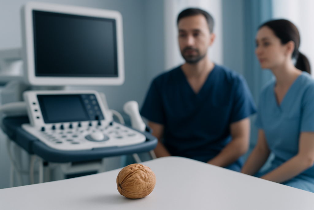 Walnut on a medical examination table in a hospital setting.