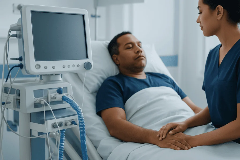 Patient in hospital bed with medical monitor and nurse attending.