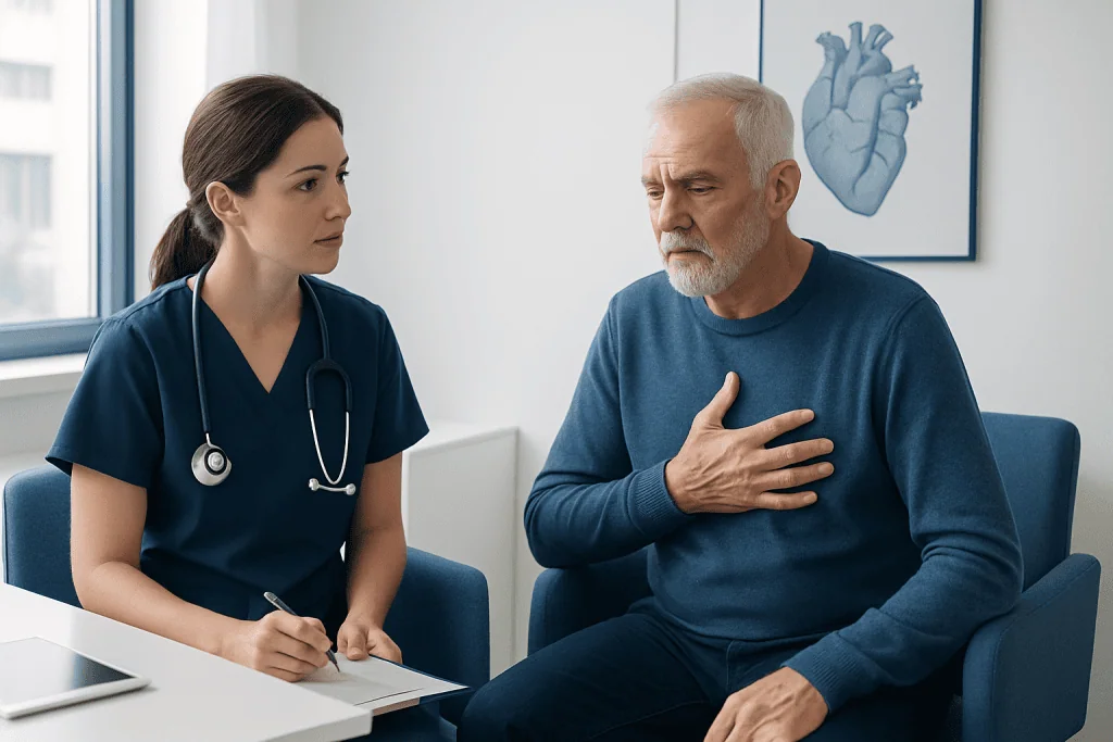Doctor consulting with a patient about heart health and surgery urgency.