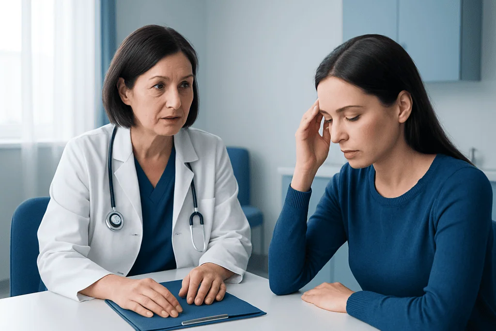 Doctor consulting with a patient about health concerns in a medical office.