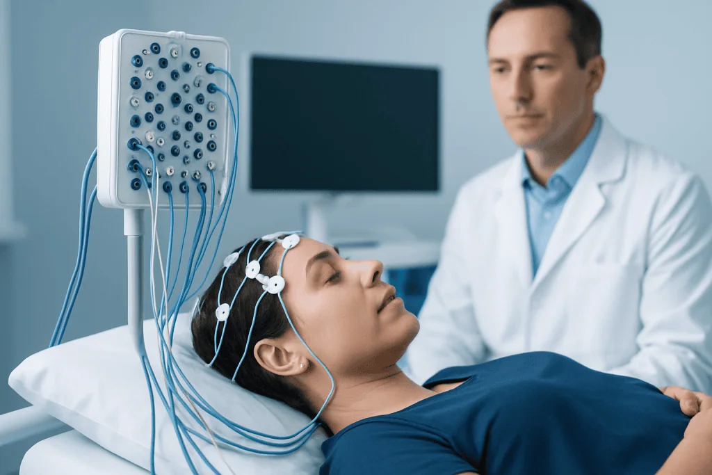 Patient undergoing a sleep study with EEG monitoring at Acibadem Hospitals.