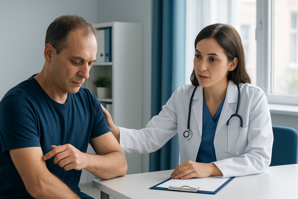 Doctor consulting with a male patient in a medical office setting.