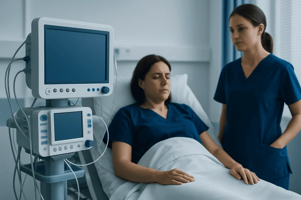 Patient in hospital bed with medical monitors and nurse in a clinical setting.