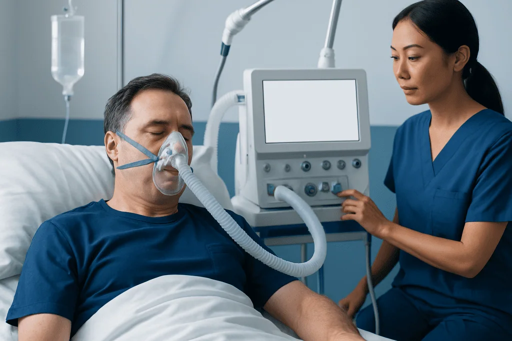Patient on ventilator with healthcare professional in hospital ICU.