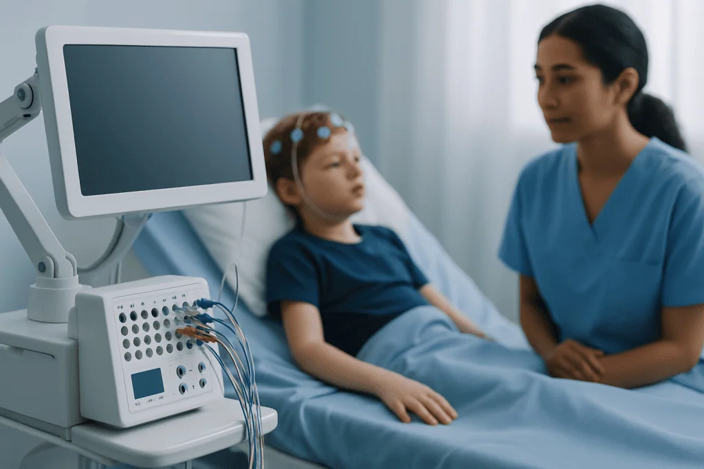 Child undergoing neuromuscular evaluation in hospital setting.