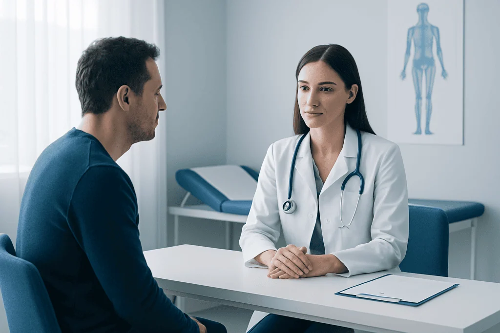 Doctor consulting with patient in a modern hospital room.