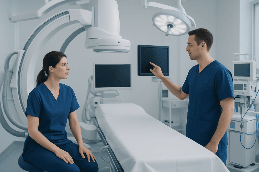 Medical professionals discussing patient care in a modern hospital room.
