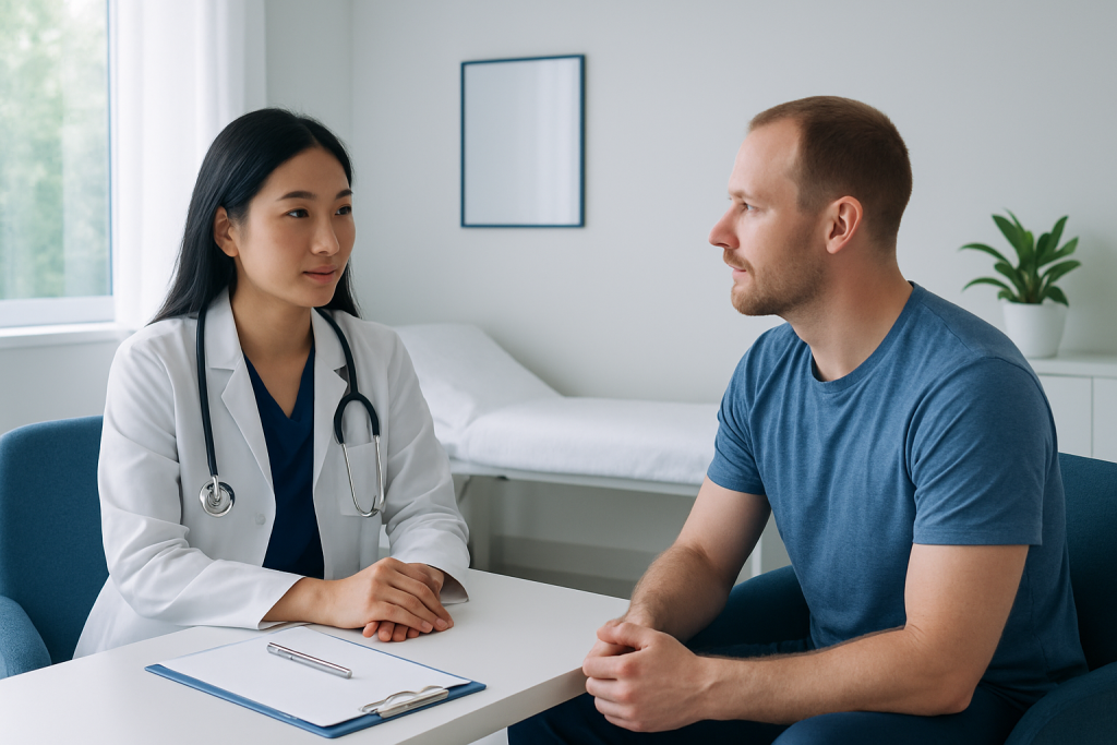 Doctor consulting with male patient in a medical office setting.