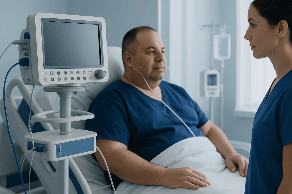 Patient in hospital bed connected to medical monitor during consultation.