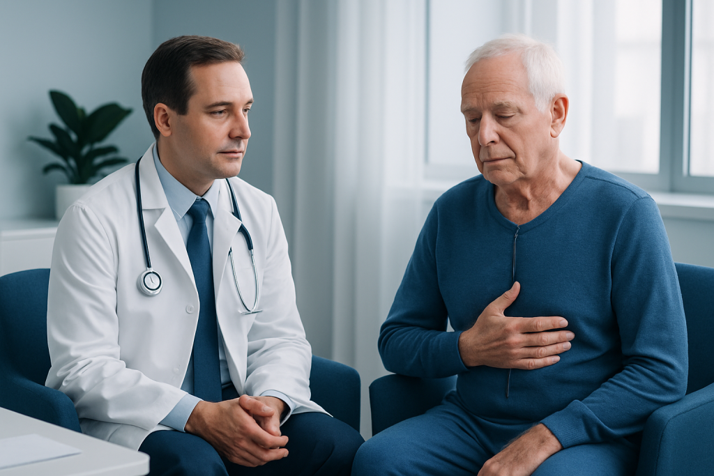 Doctor consulting with an elderly patient about heart health in a clinic.