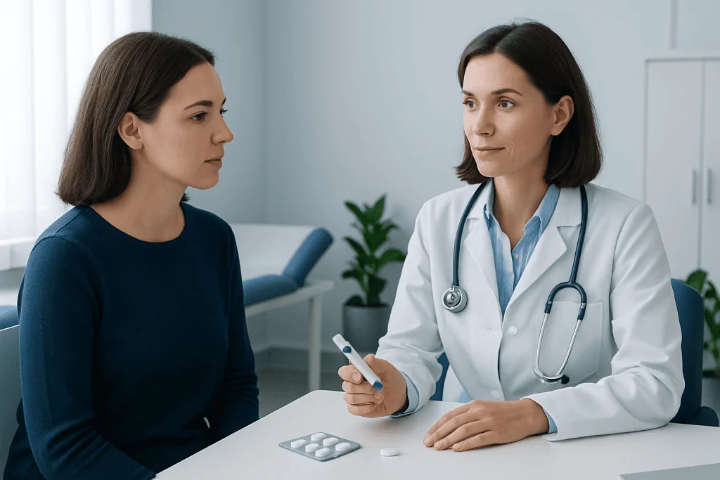 Doctor consulting with a patient in a modern medical office.