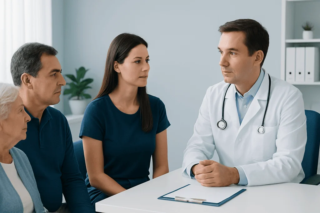 Doctor consulting with patients in a medical office setting.
