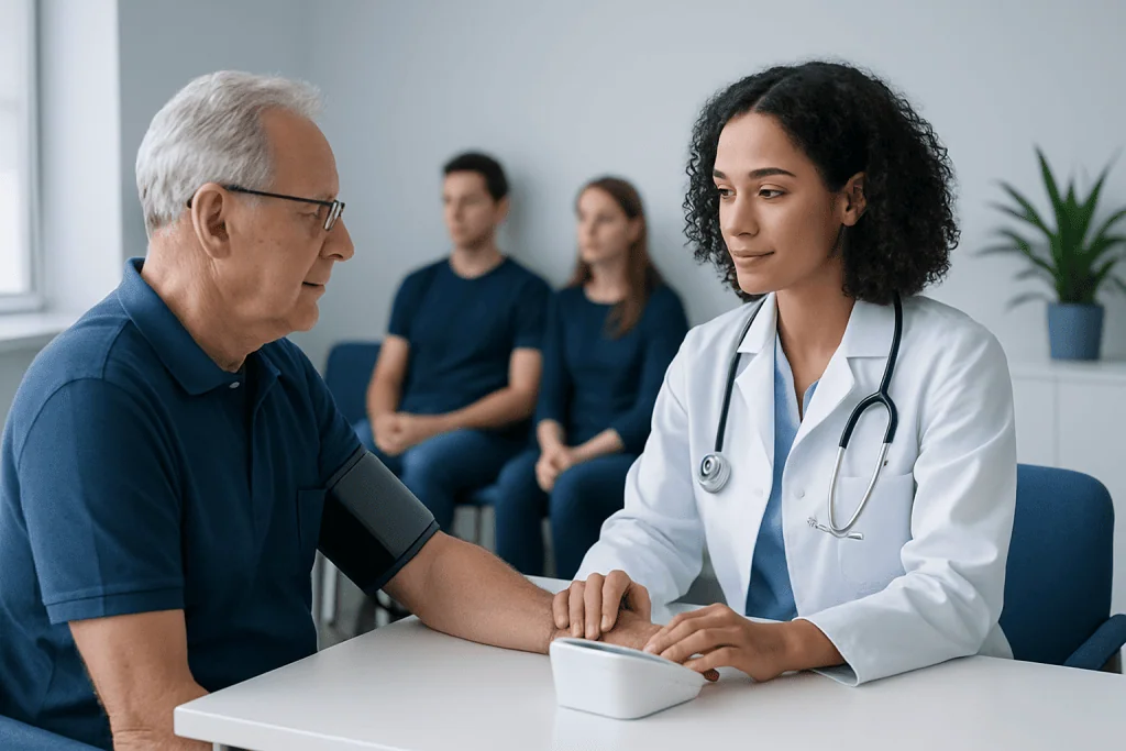 Doctor measuring blood pressure of an elderly patient in a clinic setting.