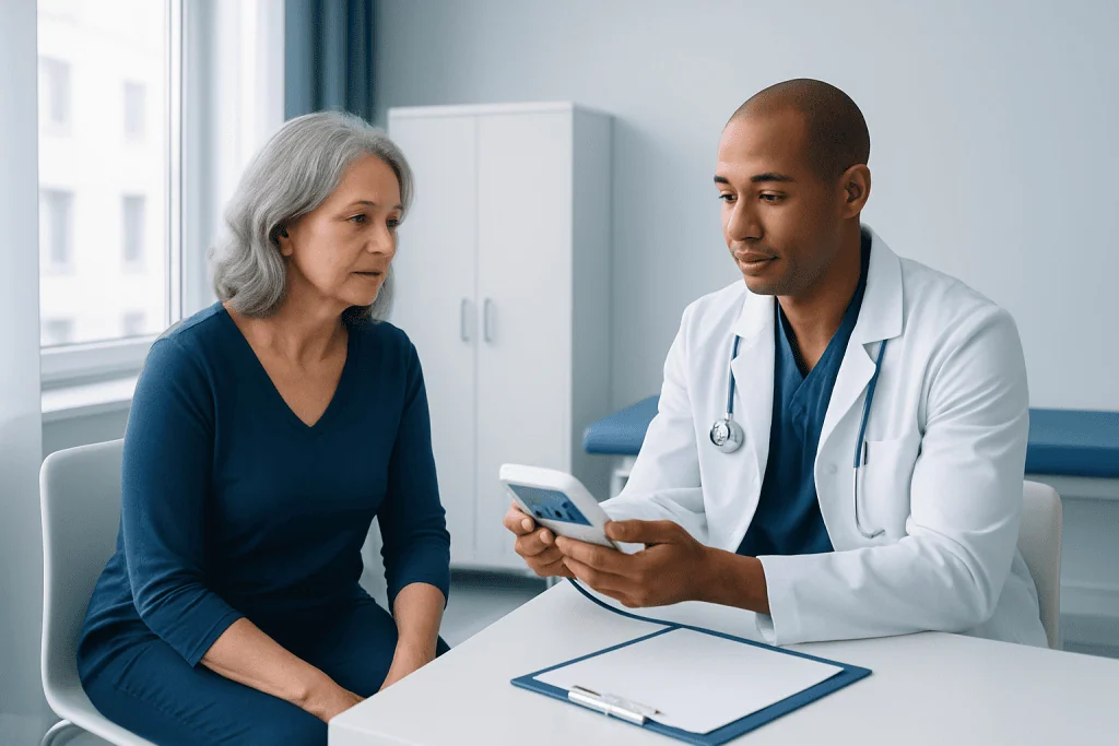 Doctor discussing health with an elderly woman in a clinic.