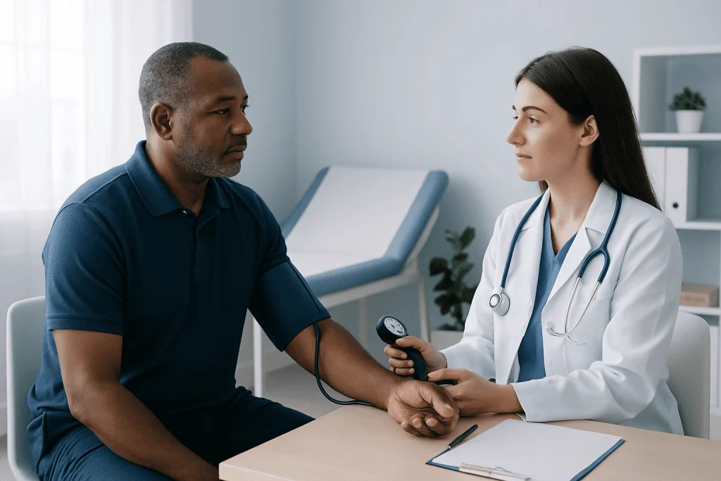 Doctor measuring patient's blood pressure in a clinical setting.