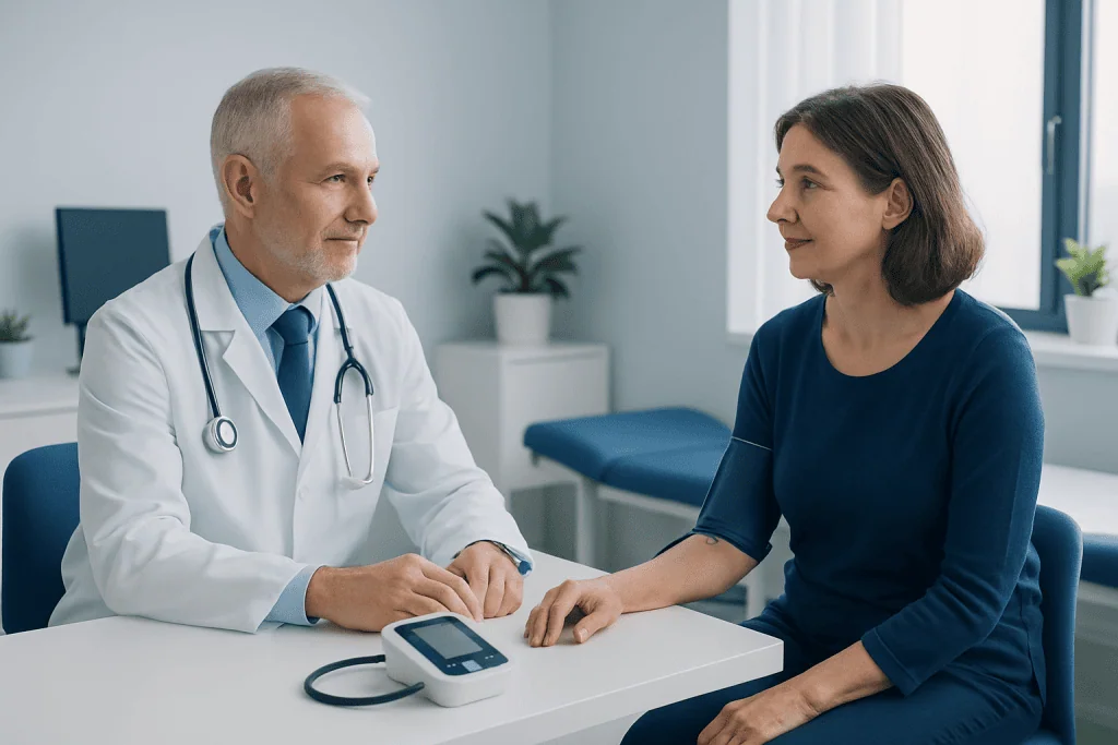 Doctor measuring blood pressure of a woman in a clinic setting.