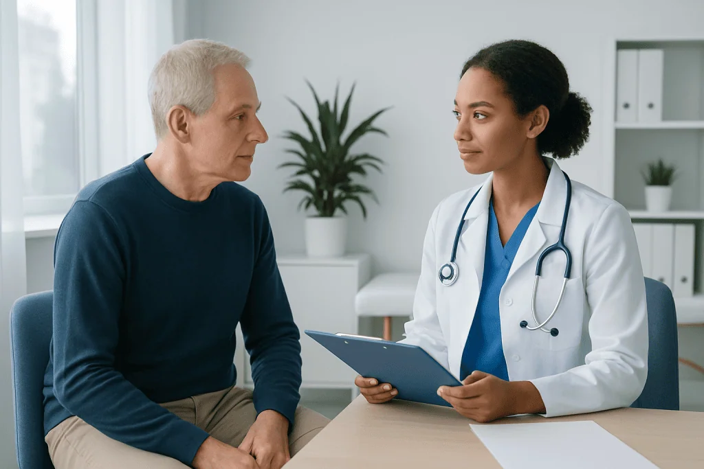 Doctor consulting with an elderly male patient in a medical office.