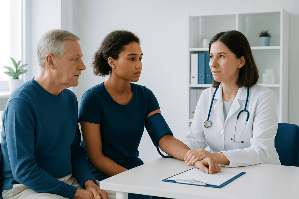 Doctor measuring blood pressure of a woman in a medical consultation.