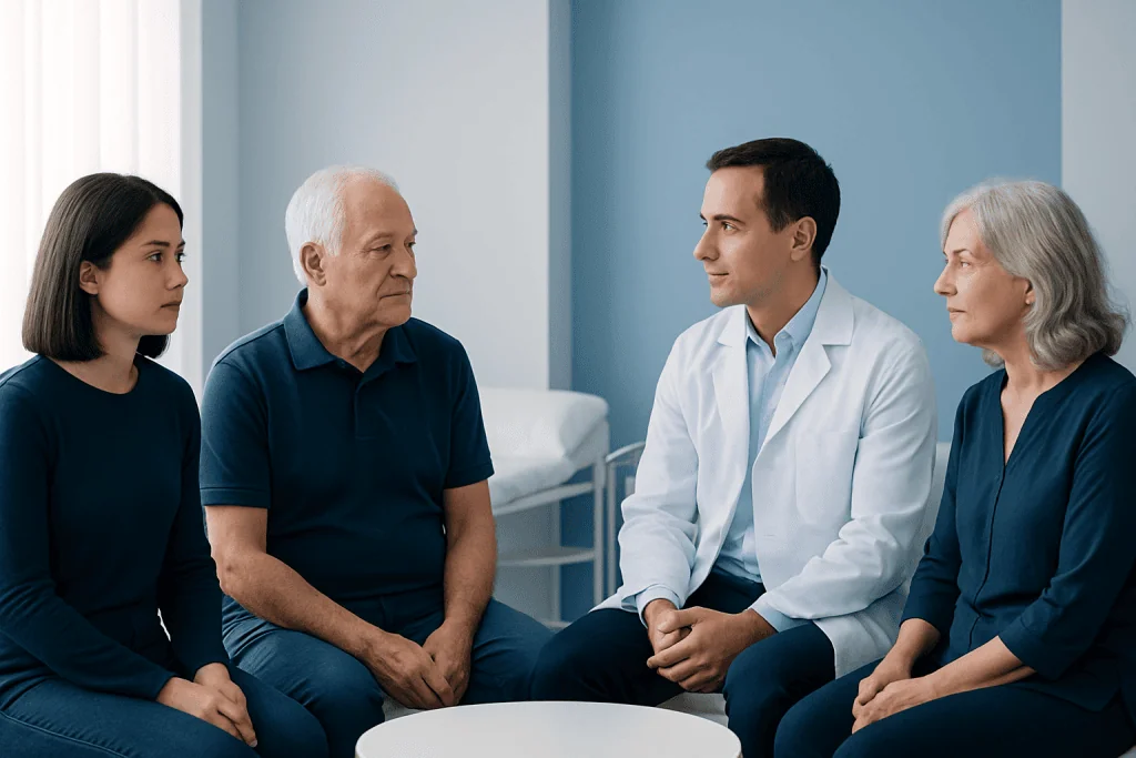 Doctor consulting with elderly patients in a hospital setting.