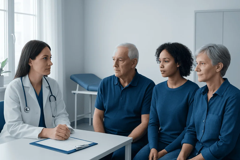Doctor consulting with diverse patients in a medical office setting.