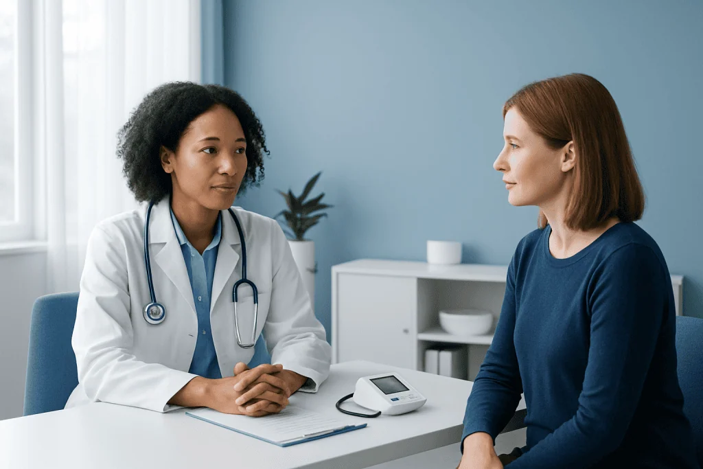 Doctor consulting with a patient in a medical office setting.