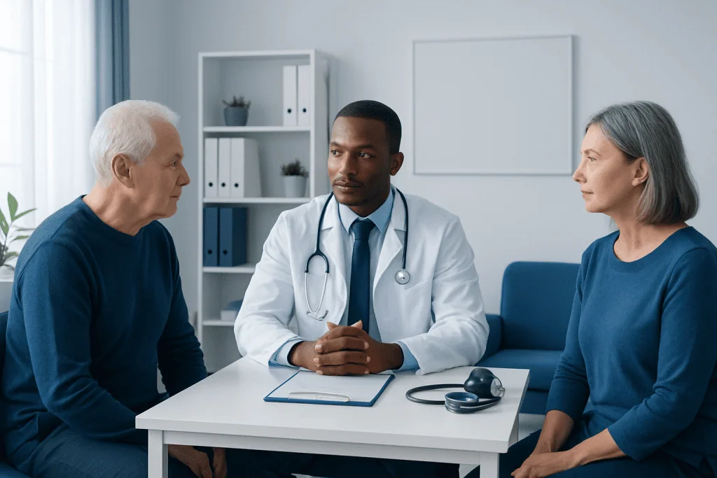 Doctor consulting with elderly patients in a medical office.