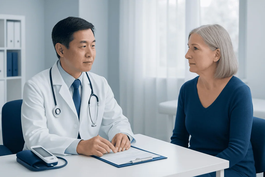 Doctor consulting with a senior female patient in a medical office.