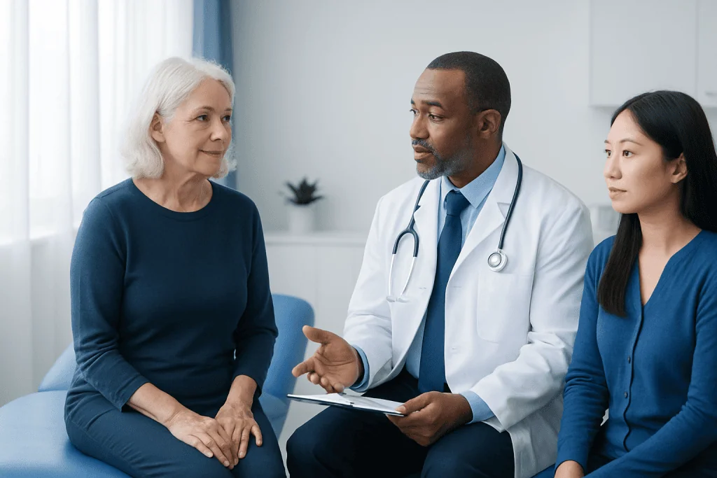 Doctor consulting with elderly woman about blood pressure health.