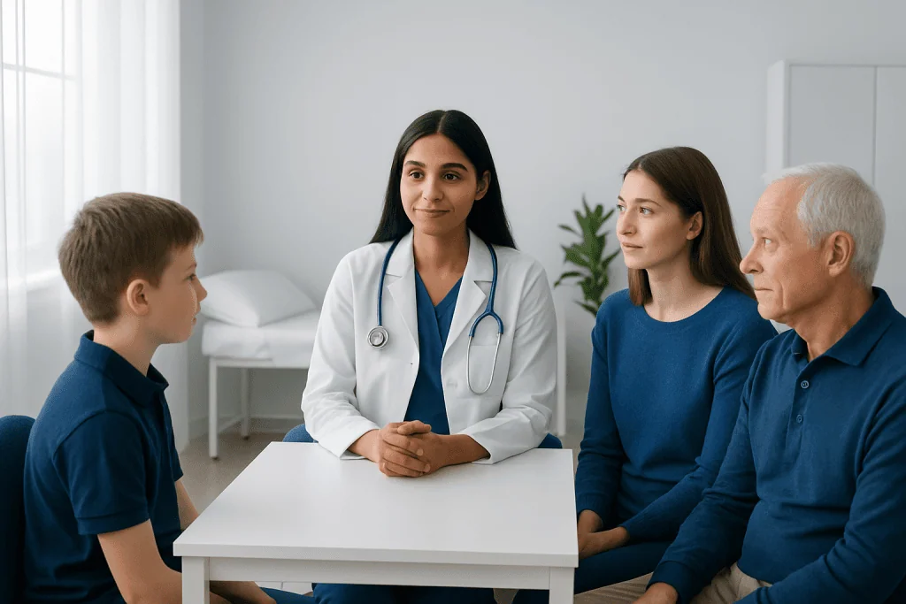 Doctor consulting with a young boy and his parents in a medical office.