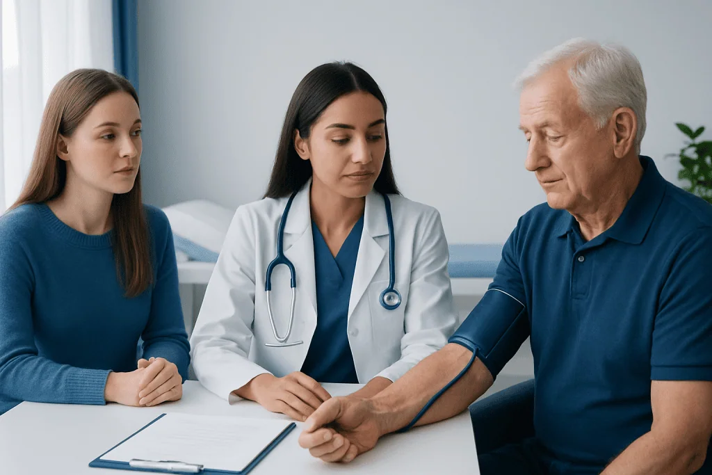 Doctor measuring blood pressure of an elderly man in a clinic.