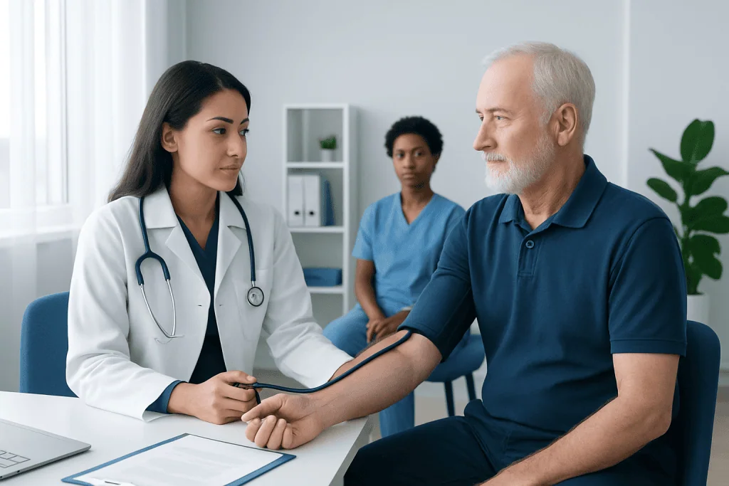 Doctor measuring patient's blood pressure in a clinical setting.