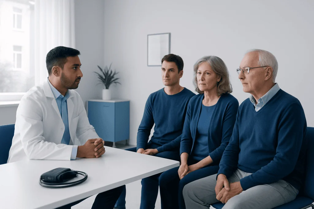 Doctor consulting with elderly patients in a medical office.