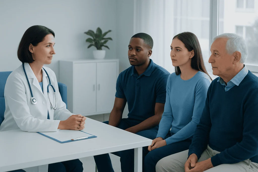 Doctor consulting with diverse patients in a medical office setting.