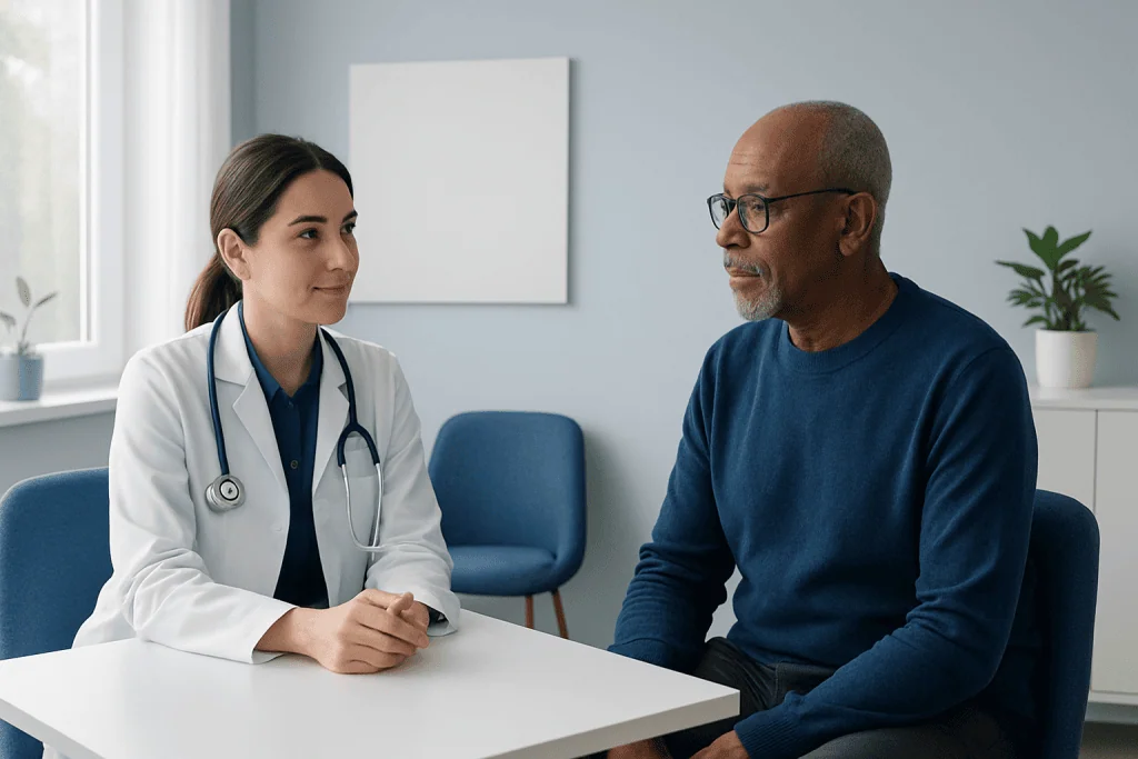 Doctor consulting with a patient about blood pressure health.