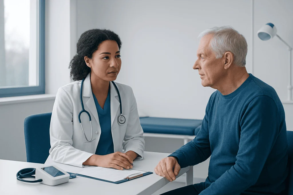 Doctor consulting with an elderly male patient in a medical office.