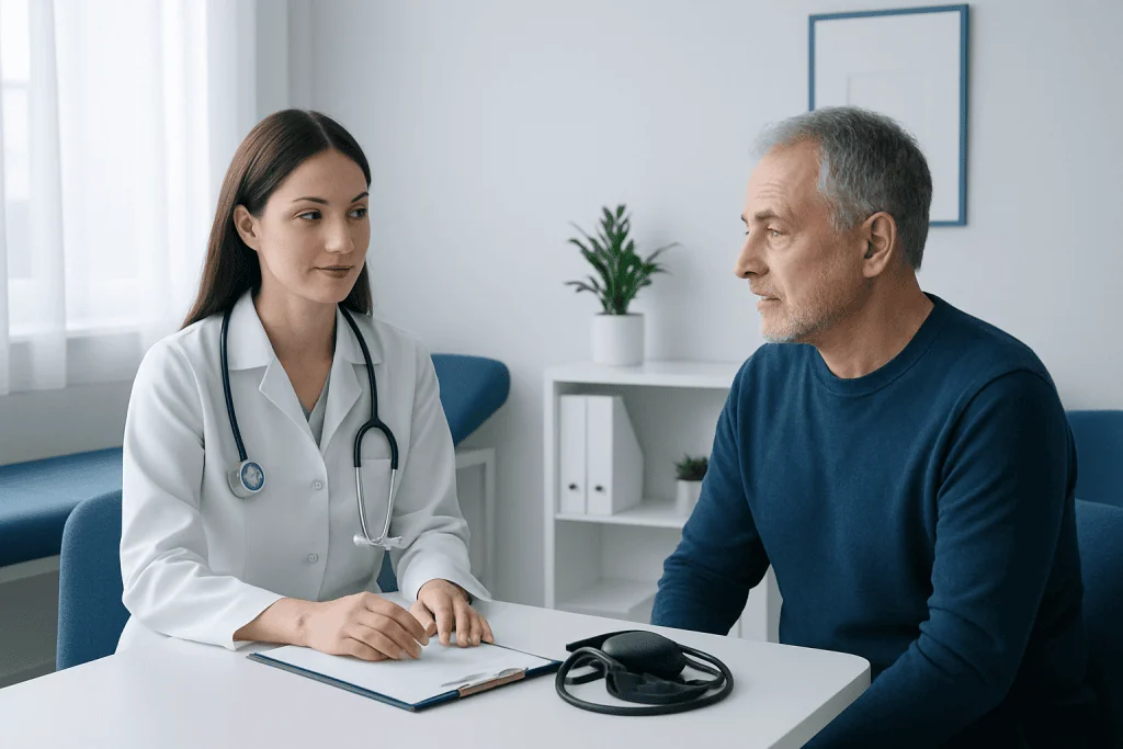 Doctor consulting with a patient about blood pressure in a clinical setting.