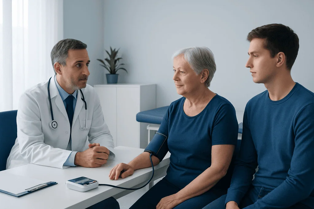 Doctor measuring senior woman's blood pressure in clinic.