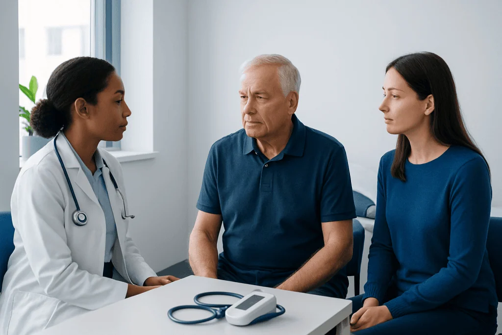 Doctor consulting with elderly patient and companion in a medical office.