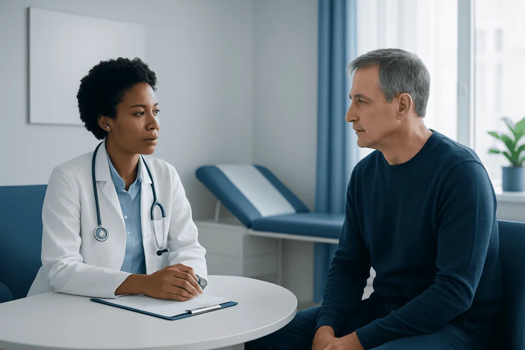 Doctor consulting with a patient in a medical office at Acibadem Hospitals Group.