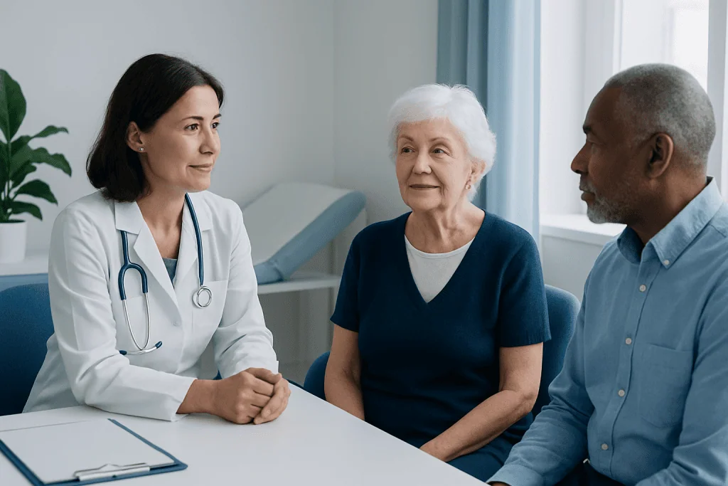 Doctor consulting elderly woman and her son in a hospital room.