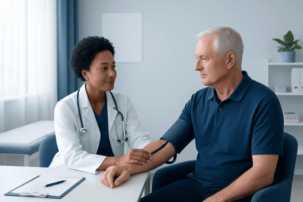 Doctor measuring senior man's blood pressure in clinic setting.