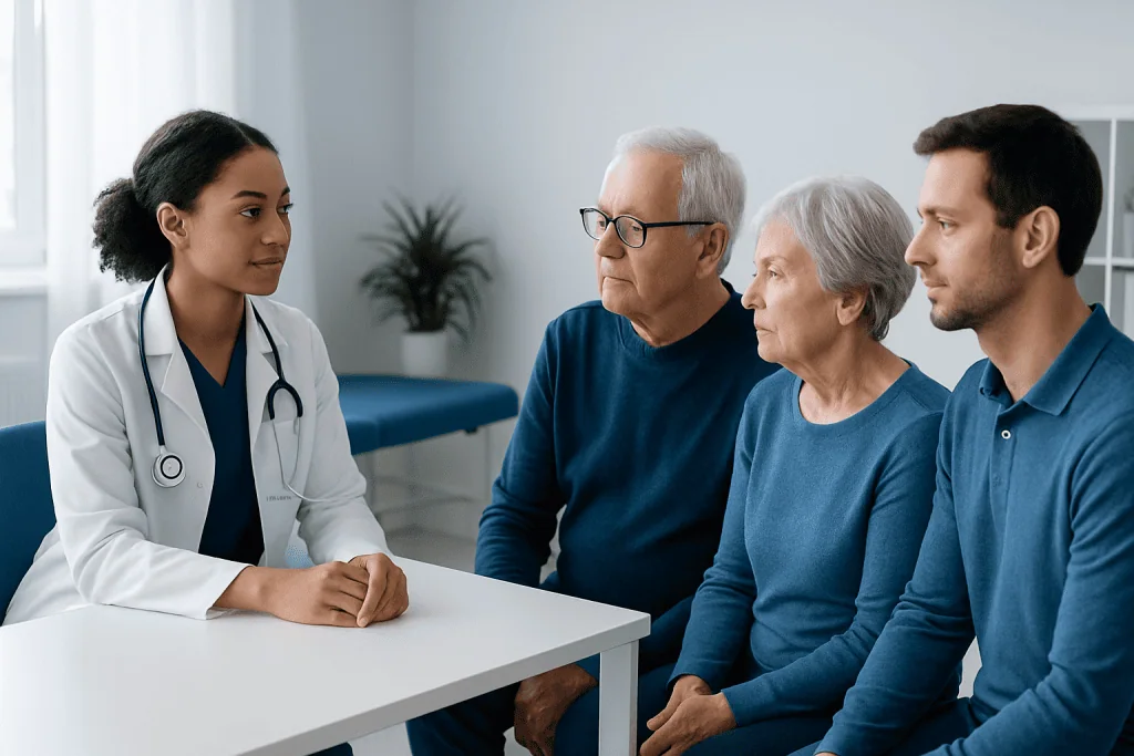 Doctor consulting elderly patients in a medical office setting.
