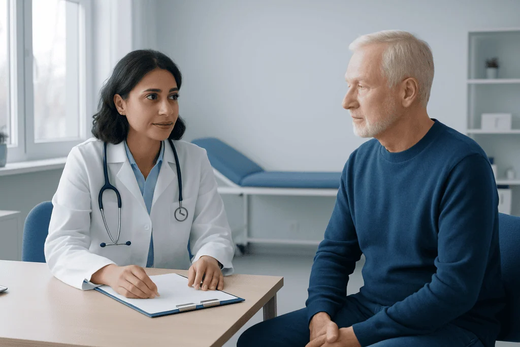 Doctor consulting with an elderly male patient in a hospital room.