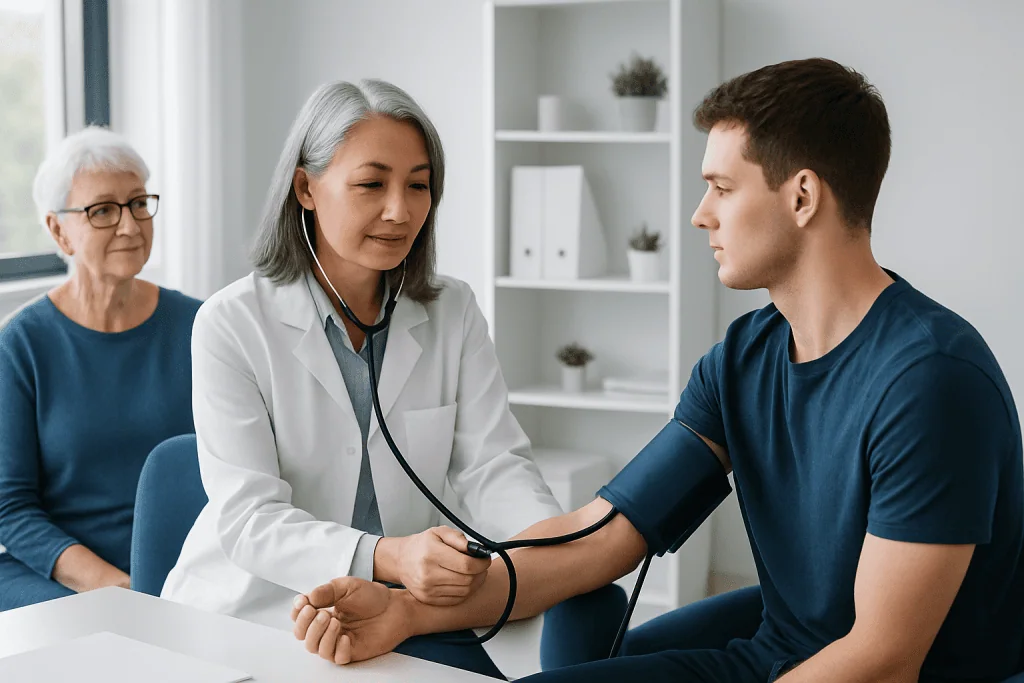 Doctor measuring blood pressure of a young man in a medical clinic.
