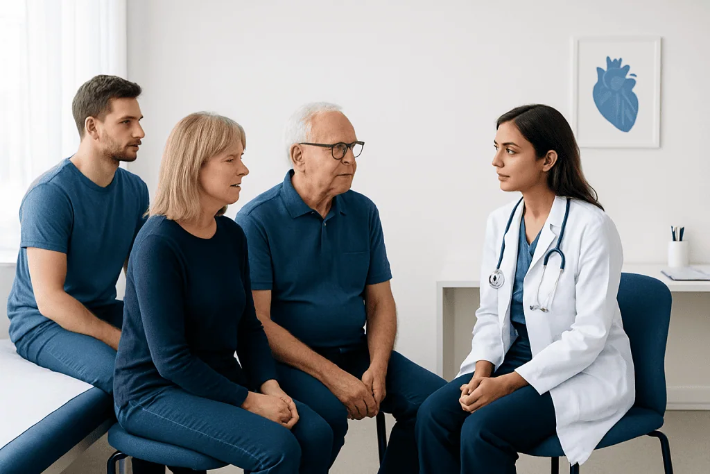Doctor consulting with elderly patients in a medical office.