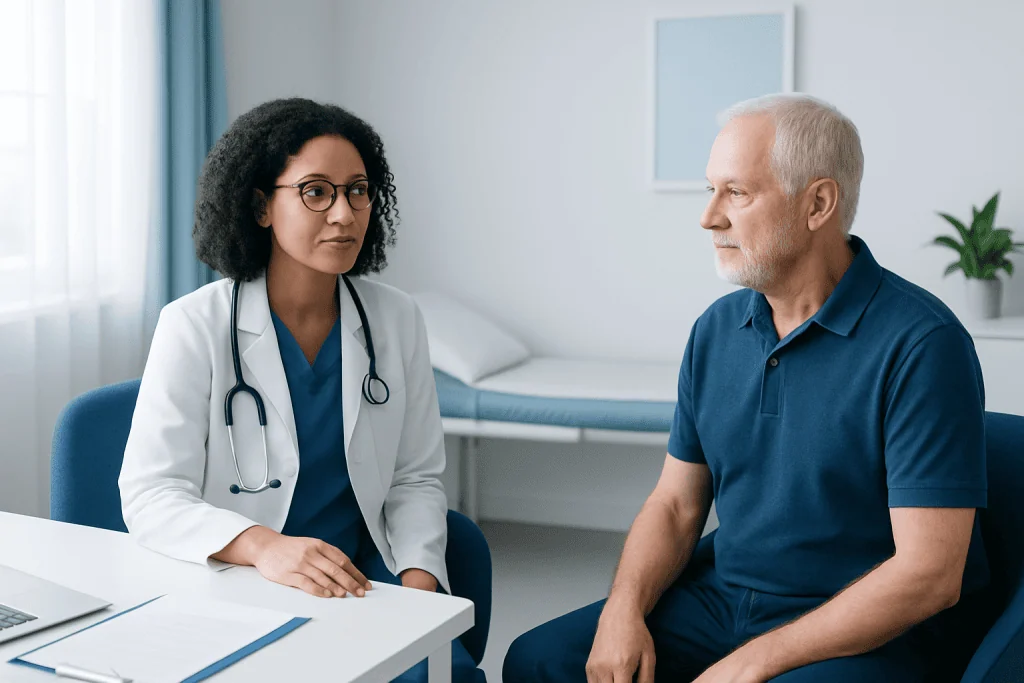Doctor consulting with a male patient in a medical office.
